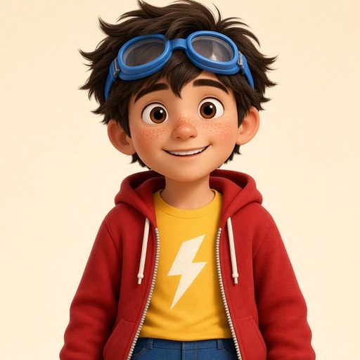 Max, a freckled kid in a red hoodie and goggles with a lightning bolt